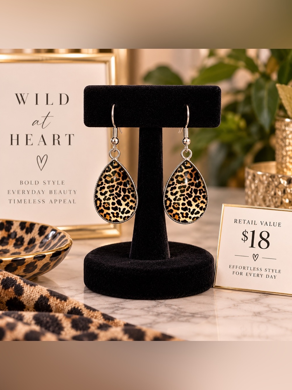 Stunning Leopard Print Teardrop Dangle Earrings Silver Tone Animal Print NWT